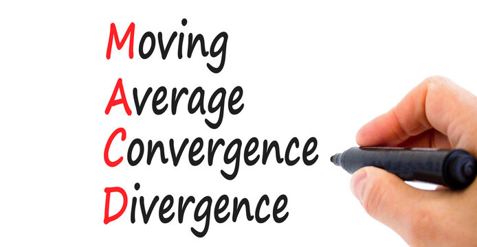 MACD symbol. Concept words MACD moving average convergence divergence on white paper on beautiful white background. Business MACD moving average convergence divergence concept. Copy space.