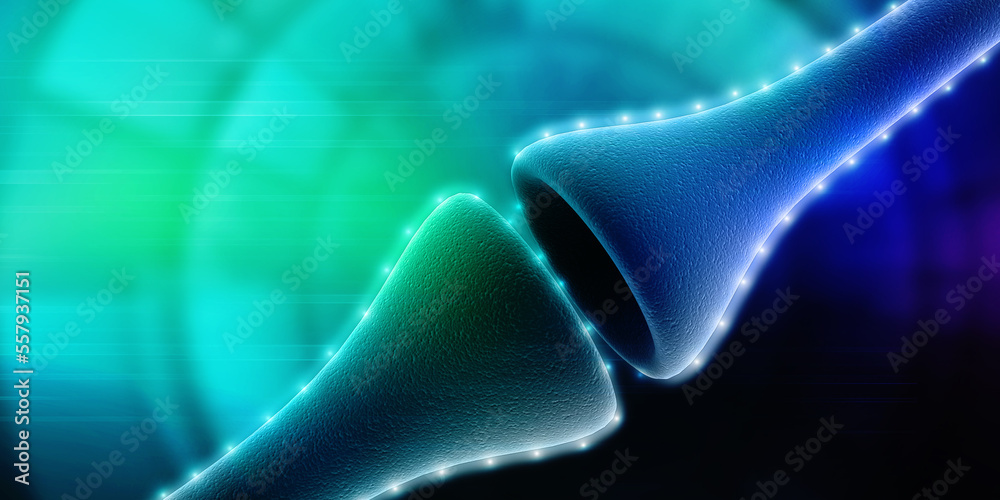 Wall mural synapse and neuron cells sending electrical chemical signals. 3d rendering
