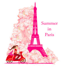 decorative floral banner - couple on vacation in Paris