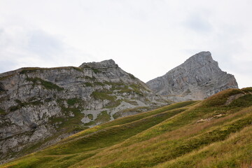 Obraz premium View on the Col de la Colombière which is a mountain pass in the Alps in the department of Haute-Savoie
