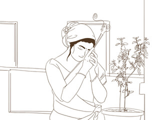 line art of indian women praying to tulsi plant, worshipping plant, indian culture, indian ritual