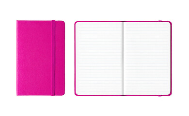 Pink closed and open lined notebooks isolated on transparent background