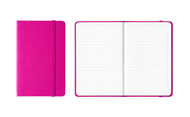 Pink closed and open lined notebooks isolated on transparent background