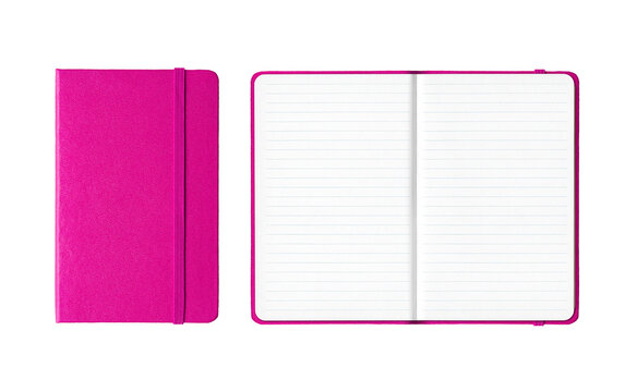 Pink closed and open lined notebooks isolated on transparent background