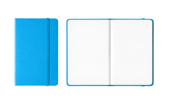 Cyan blue closed and open notebooks isolated on transparent background