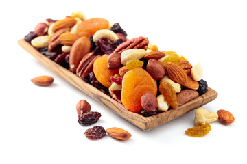 Naklejka na ściany i meble Mix of nuts and dried fruits isolated on a white background.