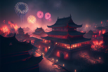 Firework over the sky behide the old Chinese castle in the Chinese New Year night.