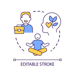 Mindfulness in workplace concept icon. Positive thinking impact on employee productivity abstract idea thin line illustration. Isolated outline drawing. Editable stroke. Arial font used