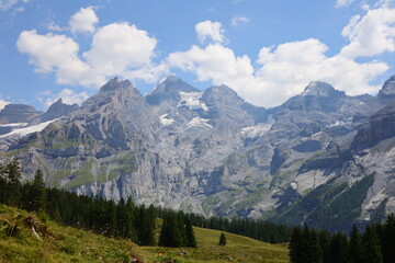 Fototapeta na wymiar View on a mountain next to the Oeschinen Lake is a lake in the Bernese Oberland, Switzerland,
