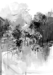 Monochrome black and white illustration of a nature landscape
