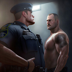 Men standing next to each other in the shower room jail correction office beef, scales, skin, policeman, shield, and biceps. 
