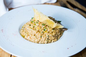 Risotto with vegetables and mushrooms. Risotto is a northern Italian rice dish cooked with broth until it reaches a creamy consistency.