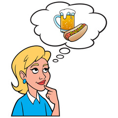 Girl thinking about Oktoberfest - A cartoon illustration of a Girl thinking about Oktoberfest food.