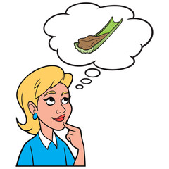 Girl thinking about Peanut Butter and Celery - A cartoon illustration of a Girl thinking about eating Peanut Butter and Celery for a snack.
