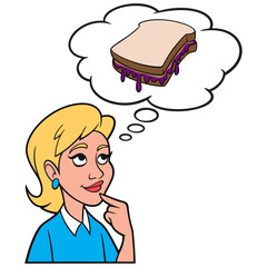 Girl thinking about a Peanut Butter and Jelly Sandwich - A cartoon illustration of a Girl thinking about eating a Peanut Butter and Jelly Sandwich. - 557939991