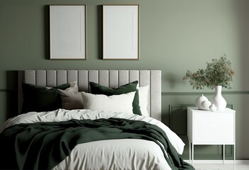 Two vertical golden picture frames mockup on green bedroom wall. Bed with green and white pillows and blanket. Nightstand with plants vase and other ceramic decor objects. Bedroom decor.