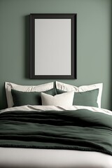 Vertical black picture frame mockup on green bedroom wall. Bed with green and white pillows and blanket. Bedroom decor.