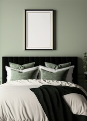 Vertical black picture frame mockup on green bedroom wall. Bed with green and white pillows and blanket. Nightstand with plants vase. Bedroom decor.