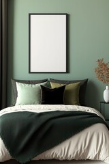 Vertical black picture frame mockup on green bedroom wall. Bed with green and white pillows and blanket. Nightstand with plants vase. Bedroom decor.
