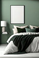 Vertical black picture frame mockup on green bedroom wall. Bed with green and white pillows and blanket. Nightstand with lamp and books. Bedroom decor.