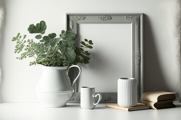 Vertical vintage passe-partout picture frame mockup on a wooden table with a vase and a cup. Blank picture frame mockup.