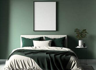 Vertical black picture frame mockup on bedroom wall. Bed with green and white pillows and blanket. Nightstand with plants vase. Bedroom decor.