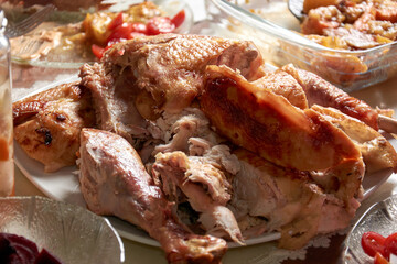 Delicious turkey slices on plate on the table.