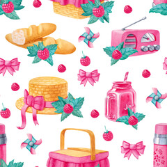 Watercolor seamless pattern with picnic elements in pastel colors
