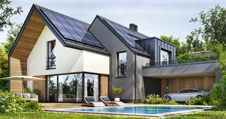 Beautiful modern house with solar panels on the roof - 557941116