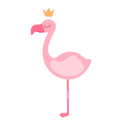 Vector illustration of a beautiful pink flamingo queen with a crown. Fashionable design.