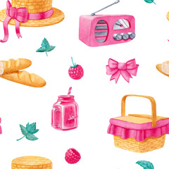 Watercolor seamless pattern with picnic elements in pastel colors