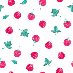 Watercolor seamless pattern with raspberry and leaves