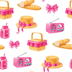 Watercolor seamless pattern with picnic elements in pastel colors