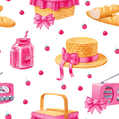 Watercolor seamless pattern with picnic elements in pastel colors