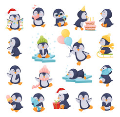 Penguin Character Enjoying Winter Season Big Vector Set