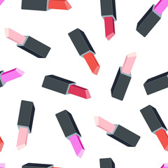 Fototapeta na wymiar Women's lipsticks of red, pink colors of a strict rectangular shape, in a black package, women's cosmetics. Pattern seamless background image.