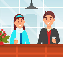 Loving couple drinking coffee in cafe. Man and woman sitting at table and communicating cartoon vector