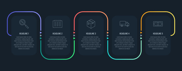 Dark process Infographics with five steps and colorful elements. Thin line vector icons. Data graphs for flow charts, presentations and UI