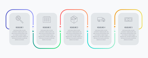 Light process Infographics with five steps and colorful elements. Thin line vector icons. Data graphs for flow charts, presentations and UI