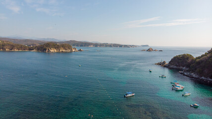 Bahía de Huatulco La Entrega, Oaxaca Mexico, aerial photography with drone. blue colored beach