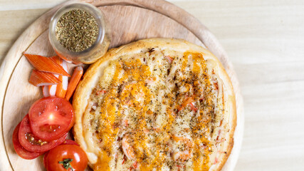 Homemade Seafood Pizza, Hot pizza big slices of cheese for lunch or dinner topped with Seafood Sauce, Template with delicious, Promotional poster for restaurant or pizza sale, Text space.