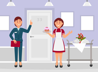 Professional watress and manager standing in hotel hall, establishment services staff. Hotel room service workers in uniform cartoon vector