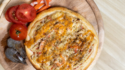 Homemade Seafood Pizza, Hot pizza big slices of cheese for lunch or dinner topped with Seafood Sauce, Template with delicious, Promotional poster for restaurant or pizza sale, Text space.