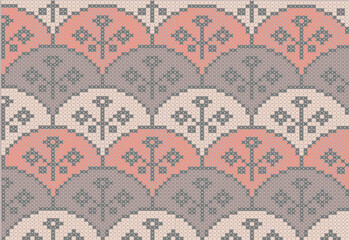 Vector illustration. Cross stitch geometric pattern with flowers in pink-brown
