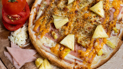Homemade Ham and Cheese Pizza, Hot pizza big slices of cheese for lunch or dinner topped with Double Cheese, Template with delicious, Promotional poster for restaurant or pizza sale, Text space.