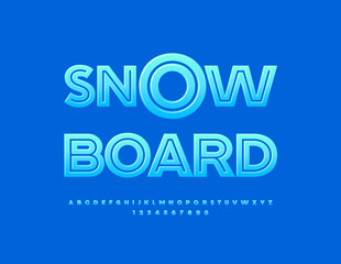 Vector activity sign Snowboard for Sport and Travel. Blue shiny Font. Creative Alphabet Letters and Numbers set
