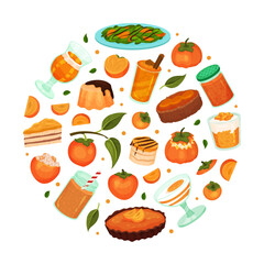 Tasty desserts made of persimmon fruit in round shape. Persimmon pie, jam, cake, cupcake, smoothie cartoon vector