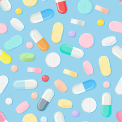 Vector seamless pattern with tablets. The concept of treatment and recovery. A health design element for apps, websites and social networks. Medicinal pills.