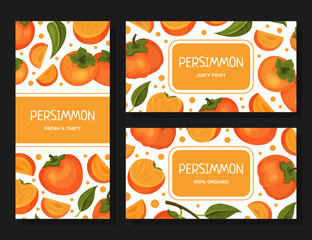 Persimmon juicy organic product labels set. Eco fresh food packaging, emblem for grocery or agriculture store, advertising cartoon vector