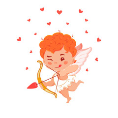 Cupid cute with bow and arrow. Vector illustration of cartoon red haired angel. Symbol of Valentine Day